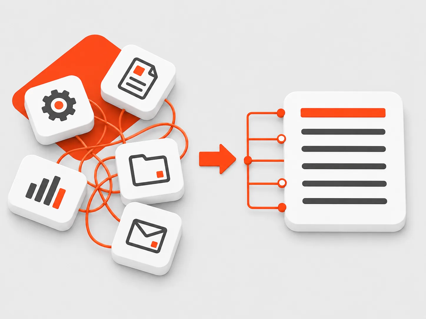Scattered tools tangled together on the left, consolidated into one structured system on the right